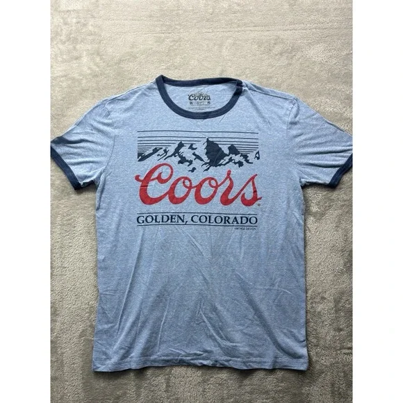 Coors Banquet Golden Colorado Graphic Tee Blue Ringer T-Shirt Size L - Picture 1 of 7